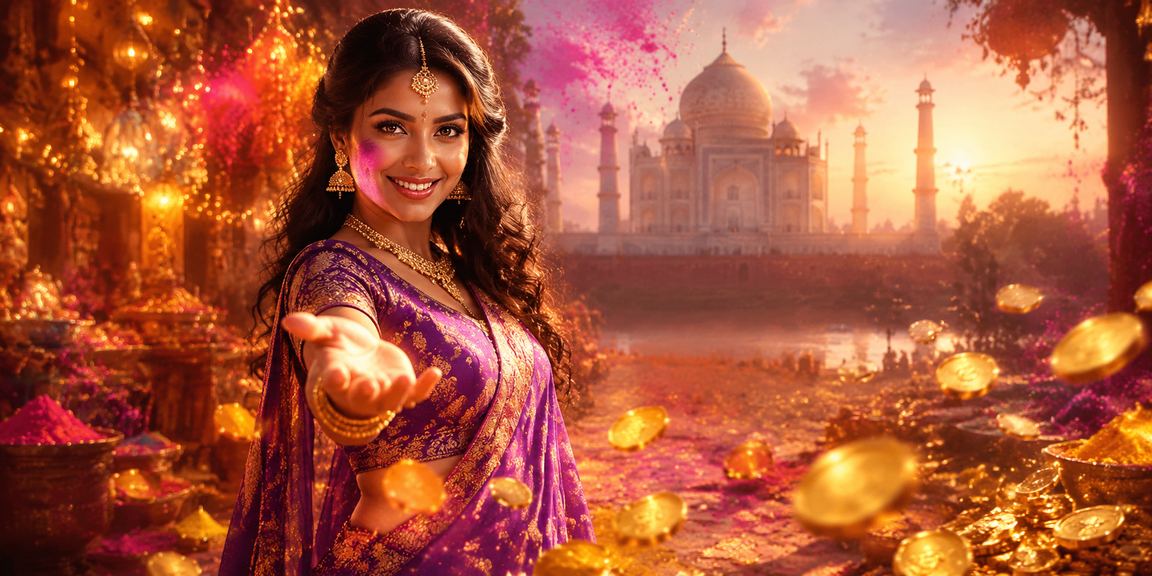 Vibrant slot game themed with Taj Mahal and Holi festival colors